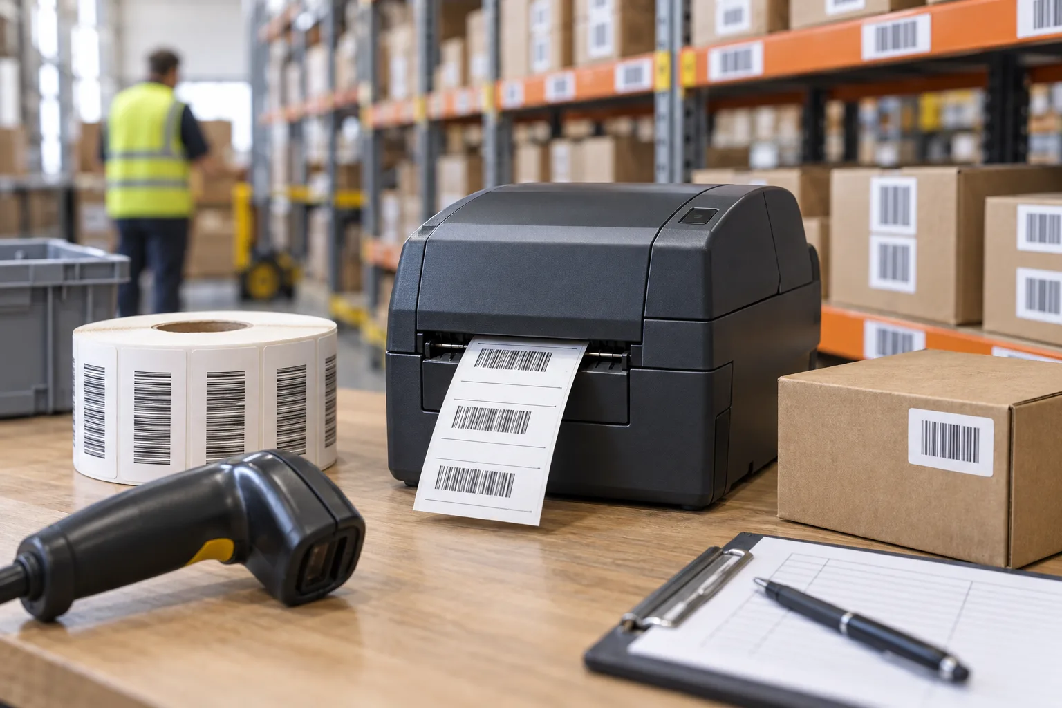 Stampante di etichette barcode e lettore su un banco di magazzino