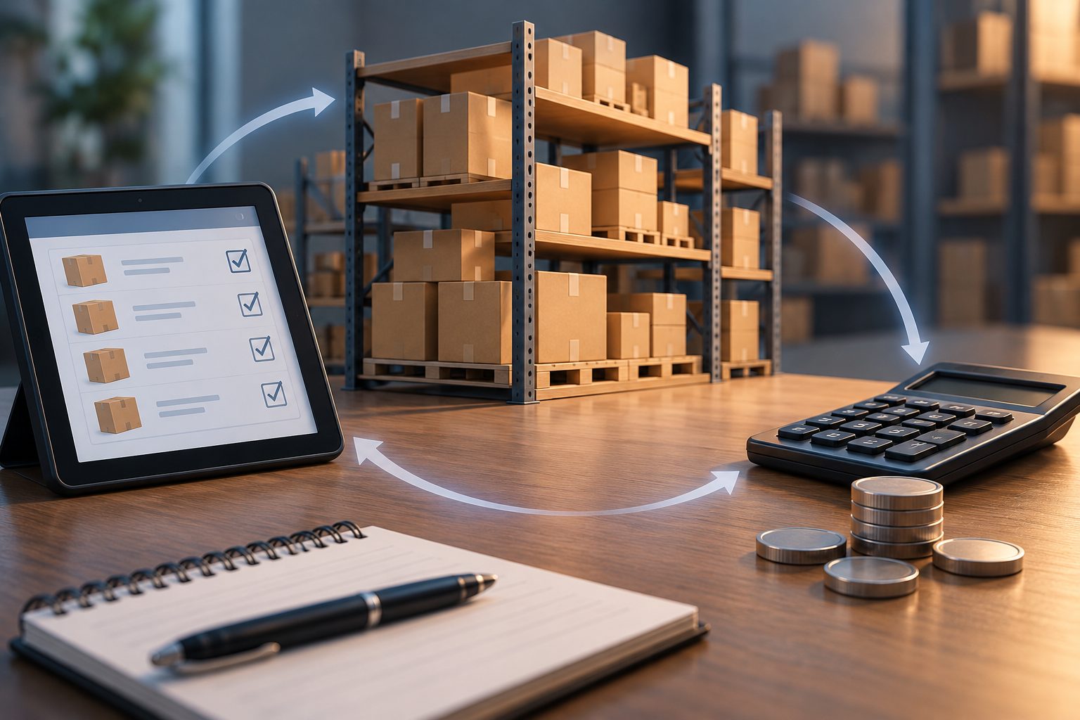 Scorte, tablet inventariale e calcolatrice illustrano il ciclo del capitale nel magazzino.