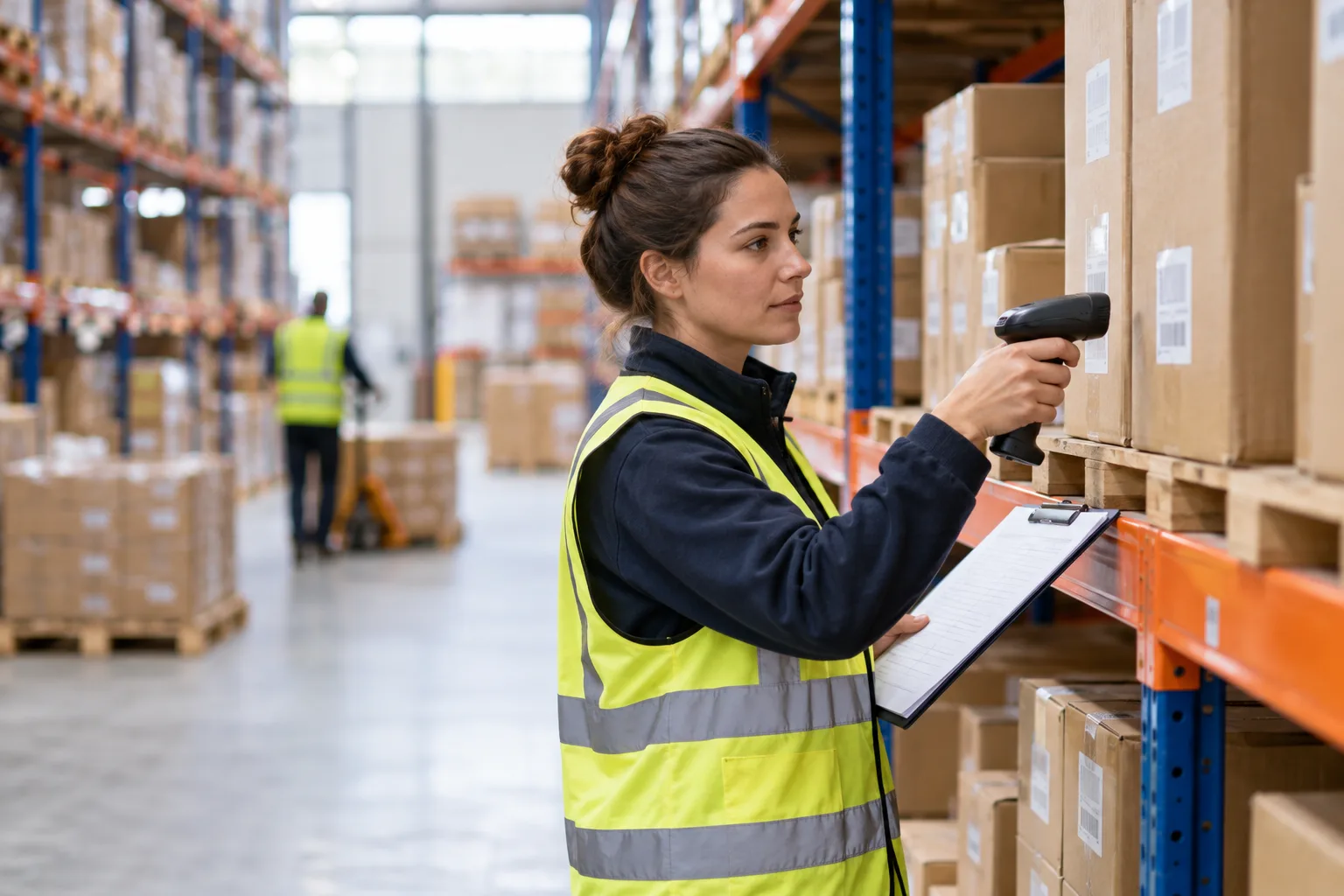 Operatrice che verifica le quantità a scaffale con un lettore barcode