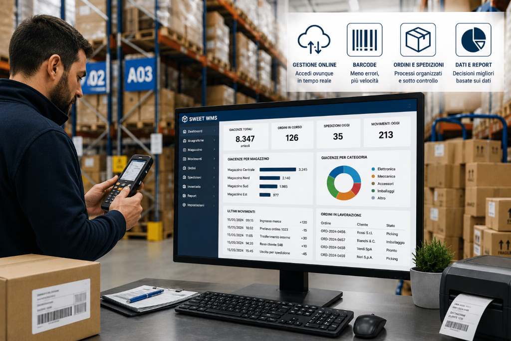 magazzino aziendale ordinato con scaffalature, pacchi, un operatore che utilizza un terminalino barcode e un monitor con dashboard gestionale. L’immagine dovrebbe comunicare controllo delle giacenze, gestione ordini, ubicazioni chiare, inventario e digitalizzazione operativa del magazzino
