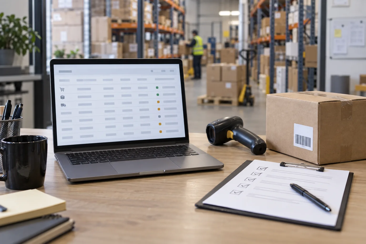 Postazione con checklist, computer e lettore barcode per il collaudo di un flusso e-commerce