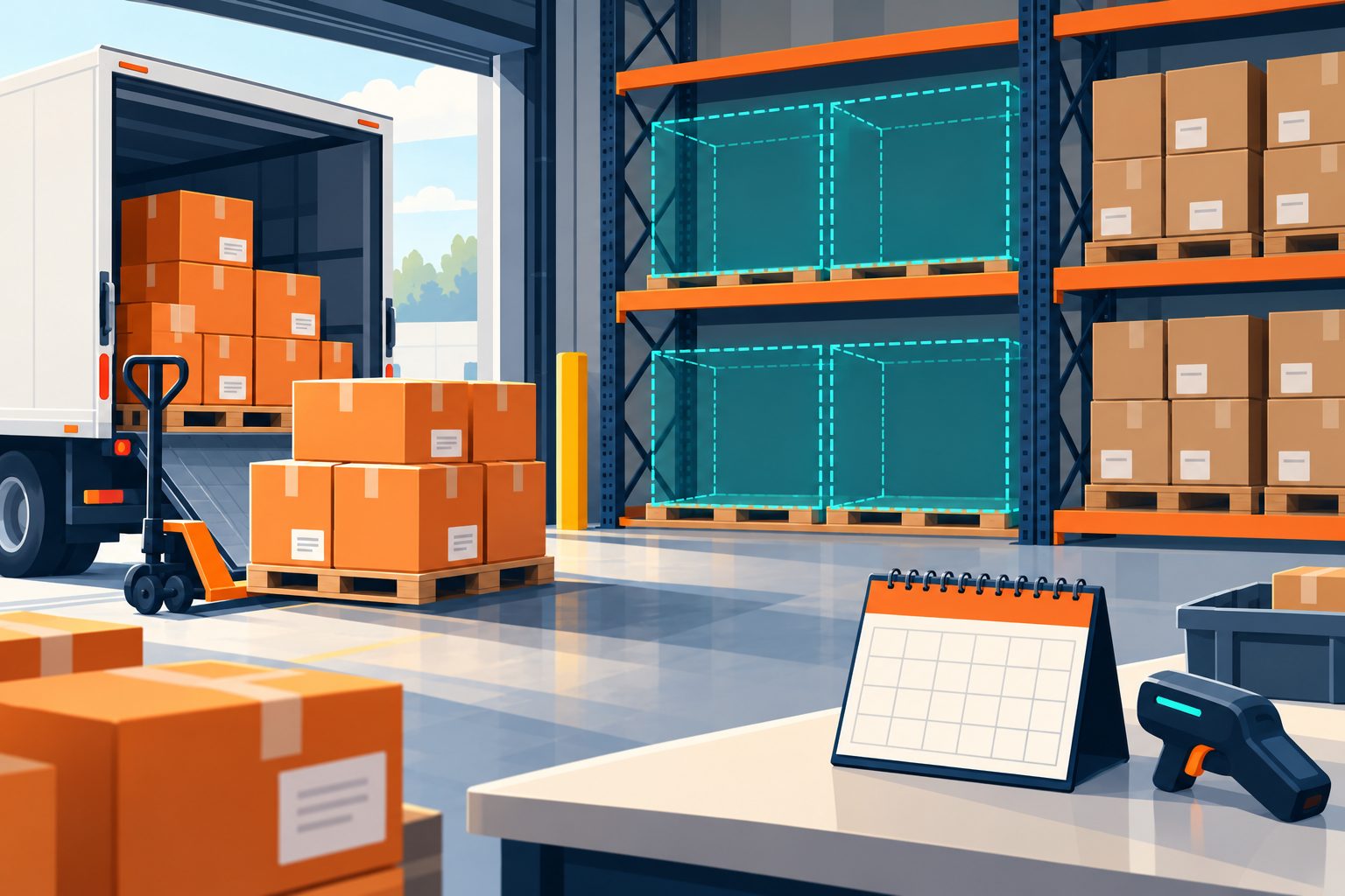 Scaffali con spazi riservati a merce in arrivo, calendario e lettore barcode.